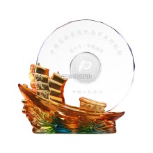 水晶帆船模型擺件，水晶一帆風順工藝品，喬遷儀式紀念品，新居喬