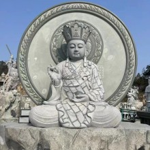 寺廟石雕地藏菩薩雕塑圖片 天然石頭刻地藏腳踩蓮花騎諦聽光頭地藏